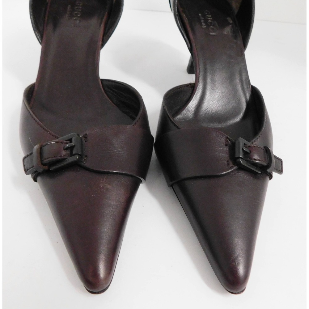 Gucci Brown Leather Pointed Buckle Kitten Heel Pumps Sz 35 C - Picture 3 of 6